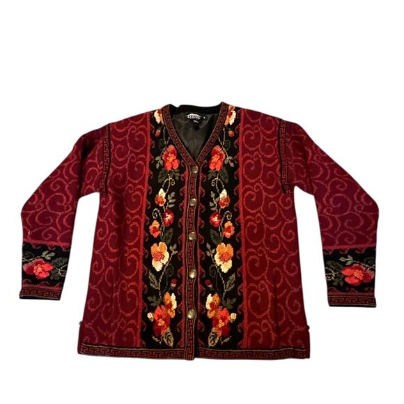 VTG Icelandic Designs 100% Wool Floral Embroidered Jacket Burgundy/Black Size S - Picture 1 of 8